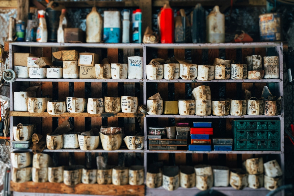 Cleaning supplies and janitorial products on shelves